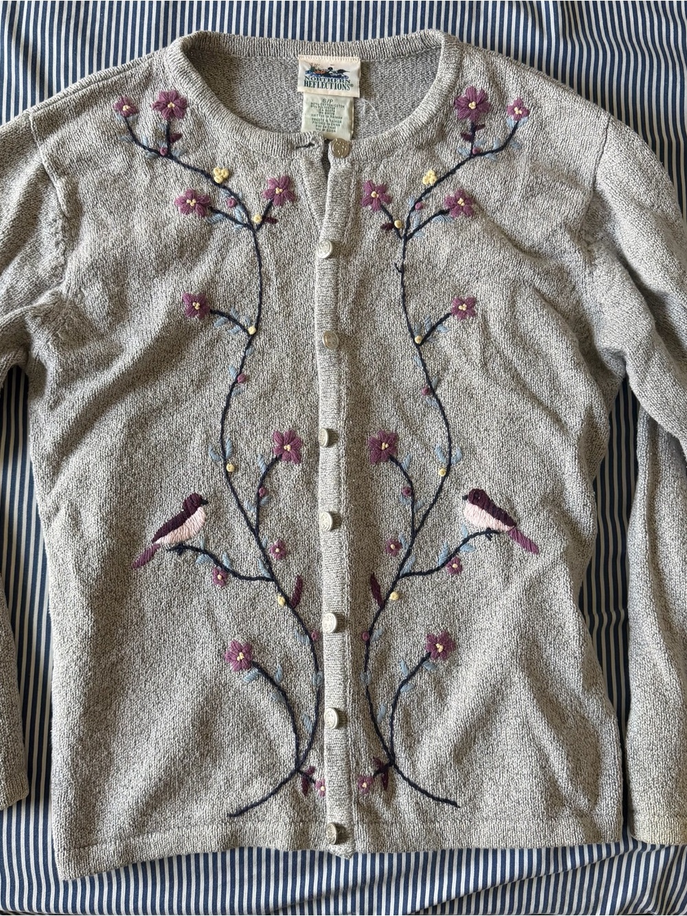 Northern Reflections Gray Cardigan with Purple and Yellow Embroidered Flowers